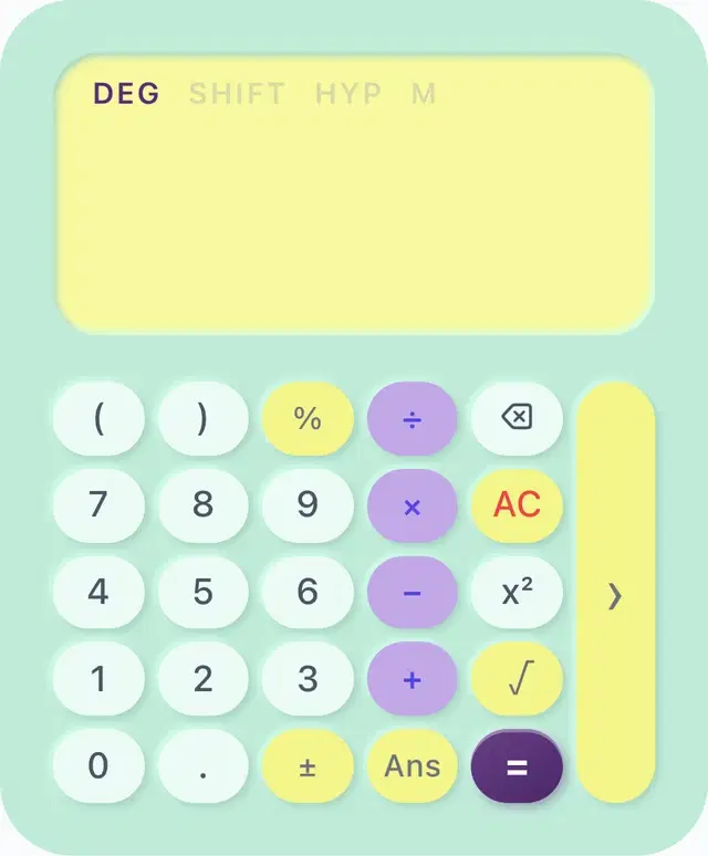 Le thème neumorphique de Scientific Calculators, en palette menthe.