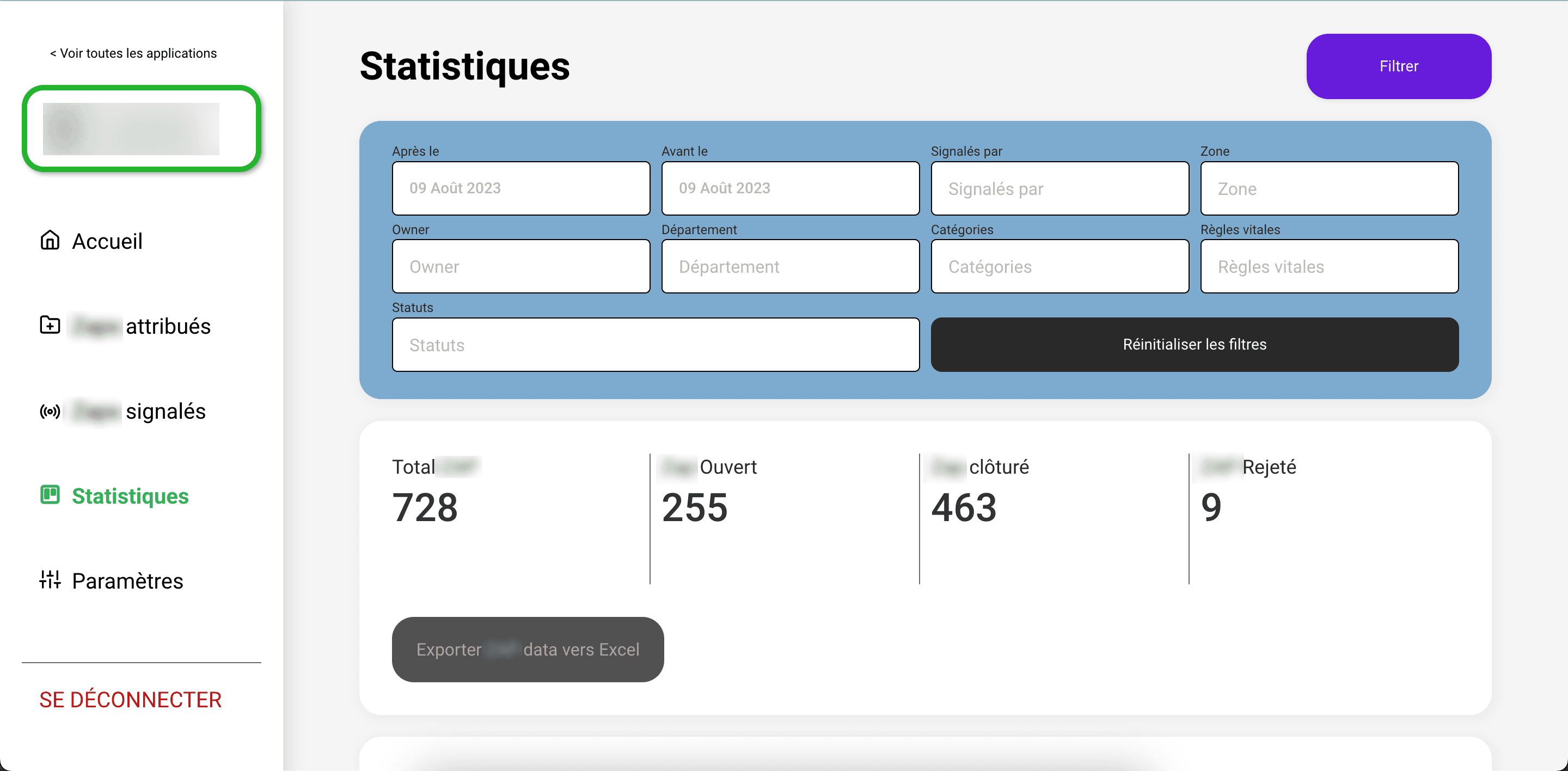 Tableau de bord d’un outil de ticketing : filtres avancés et suivi statistique des points d’action (ouverts, clôturés, rejetés).