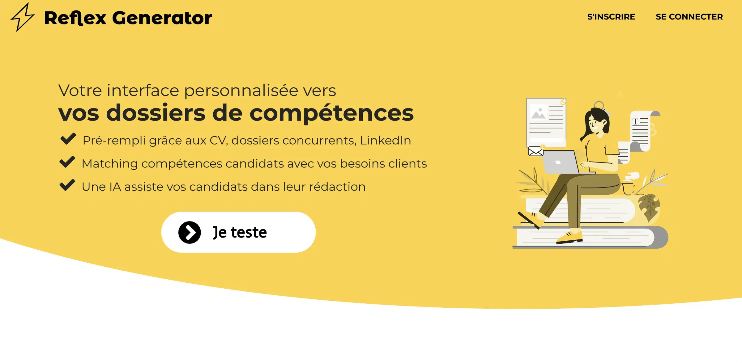 La home de Reflex Generator : dossiers de compétences pré-remplis (CV, LinkedIn), matching des candidats, rédaction assistée par IA.