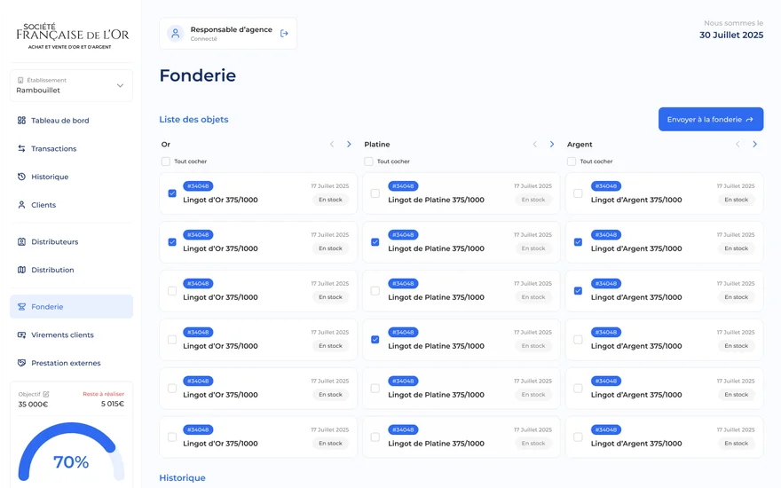 Le module Fonderie de l’app SFOR : lots d’or, de platine et d’argent prêts à expédier.